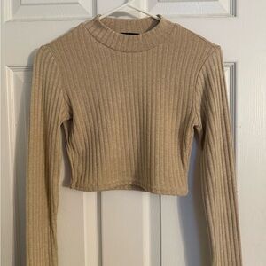 Forever 21 Tan Ribbed Cropped Long Sleeve Top